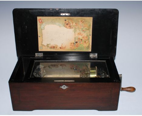 A late 19th century Swiss music box, 14cm cylinder playing eight airs on a one-piece comb, cranking handle, Play/Stop and Cha