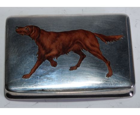 A Continental silver rounded rectangular snuff box, hinged cover decorated with a dog, gilt interior, 7.5cm wide, marked 800,