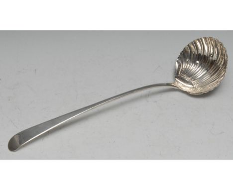 A George III silver Old English pattern ladle, quite plain, shell bowl, 34cm long, London, indistinct date letter, c. 1780 