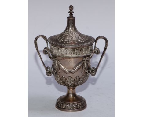 A George V Adam Revival silver pedestal sugar vase, the urn chased with swaged drapes above a frieze of stiff leafy foliage, 
