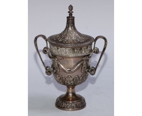 A George V Adam Revival silver pedestal sugar vase, the urn chased with swaged drapes above a frieze of stiff leafy foliage, 