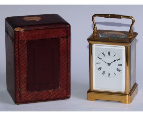 A large late 19th century lacquered brass repearter carriage clock, 6.5cm rectangular enamel dial inscribed with Roman numera