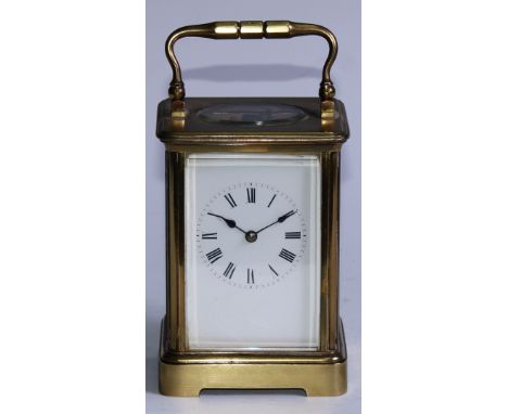 A late 19th century lacquered brass carriage clock, 6cm rectangular enamel dial inscribed with Roman numerals, eight-day move