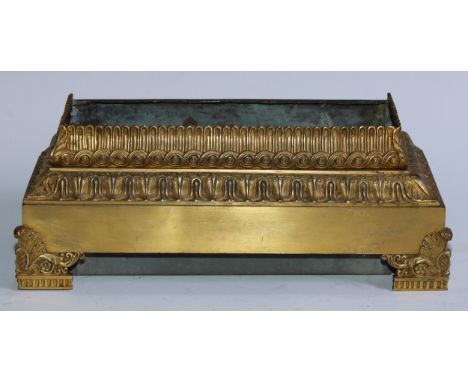 A 19th century ormolu 'bloom trough', cast with scrolling acanthus, lotus and guilloche, bracket feet, zinc liner, 37cm wide,