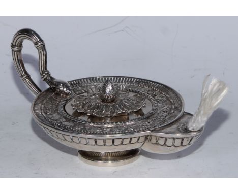 A George V Regency Revival silver lamp, cast with a band of fruiting vine, serpent handle, 14.5cm long,  Lambert &amp; Co, 28