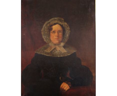 English School (mid-19th century)Portrait of a Widow, half-length, wearing spectacles, a lace ribbon-tied mop cap and collar 