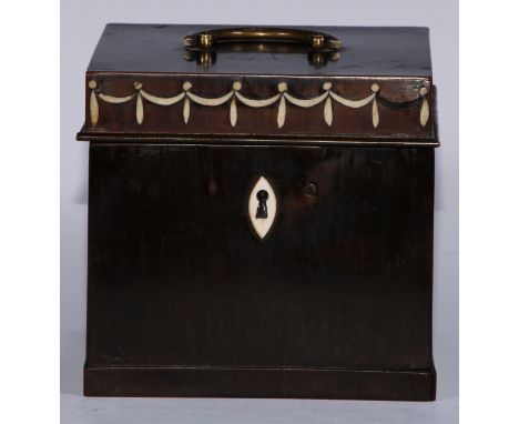 An unusual 18th century mahogany cube tea caddy, possibly Colonial, hinged cover with brass demi-lune swing handle stamped TH