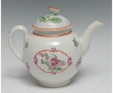 A Worcester teapot and cover,  painted in Chinese export style with flowers in an oval panel,  flower finial, 16cm high, c.17