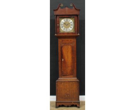 A George III oak and mahogany crossbanded longcase clock, 33cm square brass dial inscribed with Roman and subsidiary Arabic n