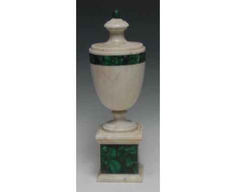 A Neoclassical style malachite and white marble urn, knop finial, square base, 38cm high 