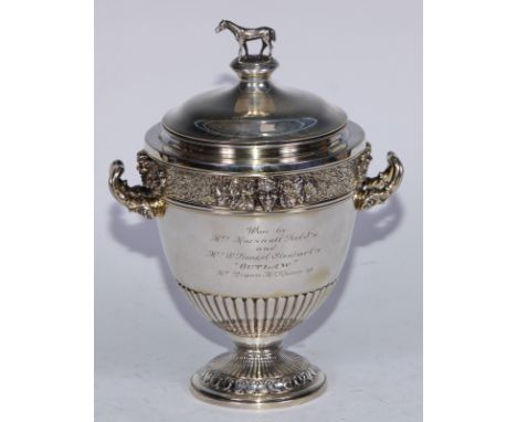 Horse Racing - an early 20th century American silver-gilt pedestal sweetmeat vase, inscribed The Llangollen National Steeplec