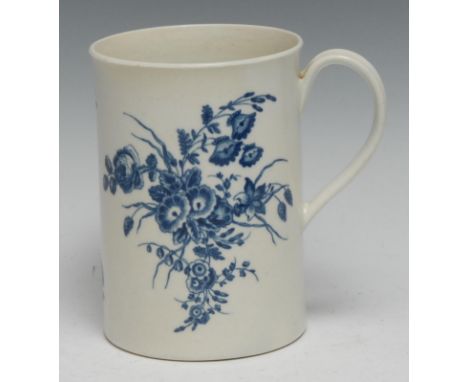 A Worcester cylindrical  mug, decorated in underglaze blue with floral sprays,  14cm high, crescent mark, c.1770 