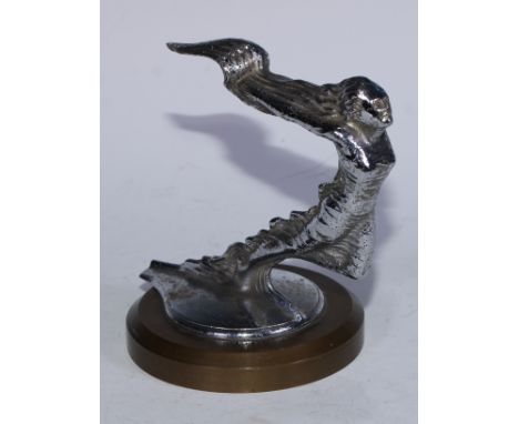An early 20th century silver plated engine mascot, of a lady, her long hair flowing in the wind, 17cm high, 15cm wide 
