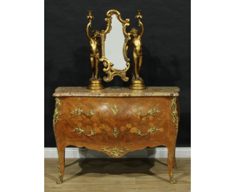 A Louis XV Revival gilt metal mounted kingwood and marquetry bombe-shaped commode, marble top above two long drawers, Rococo 