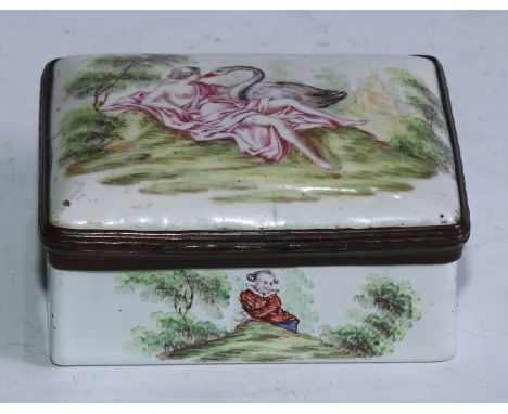 A George III South Staffordshire enamel rounded rectangular table snuff box, hinged cover painted with Leda and the Swan, to 