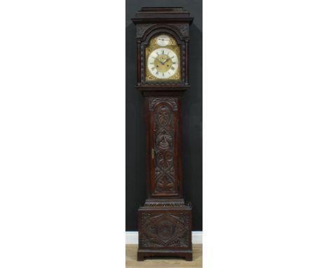 An oak longcase clock, 29cm arched brass dial inscribed Willm. North, Leckonfield (sic), the arch with date dial, silvered ch