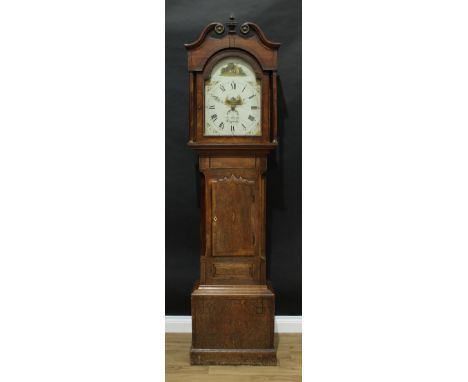 A George III mahogany crossbanded oak longcase clock, 33.5cm arched painted dial inscribed Jno. Stubbs, Kegworth, Roman and s