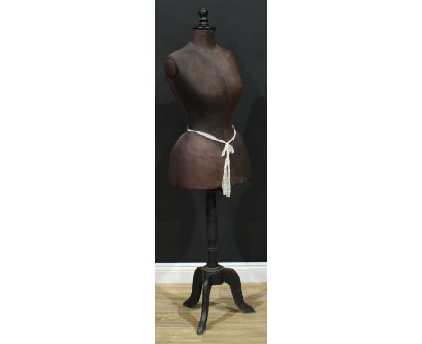A French wasp-waisted dressmaker's dummy or mannequin, by Stockman, Paris, turned finial, tripod base, cabriole legs, 149cm h