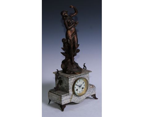 An Art Nouveau marble and cold painted spelter mantel clock, 7.5cm enamel dial inscribed with Arabic numerals, twin winding h