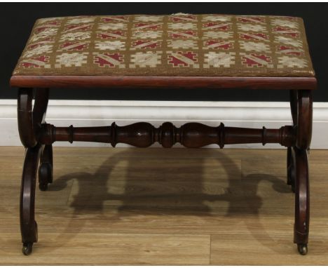 A William IV rosewood rectangular stool, scroll-terminating X-frame end supports, turned stretcher, brass casters, 42cm high,