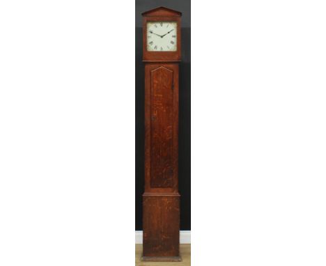 A William IV oak cased wall clock, 25.5cm square painted dial inscribed Whitehurst & Son, Derby, Roman numerals, the spandrel