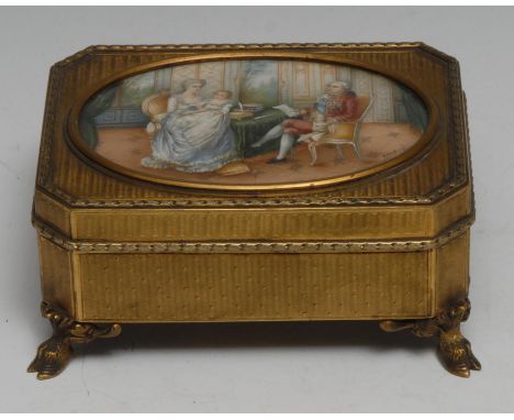 A Louis XVI Revival guilloché ormolu table-top casket, the hinged cover centred by a 'portrait miniature' conversation piece 