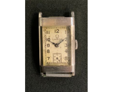 Omega - an Art Deco tank cased wristwatch head, textured rectangular dial, Arabic numerals, minute track, subsidiary seconds,