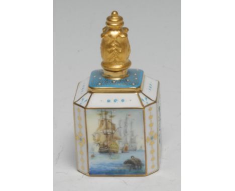 A Lynton porcelain canted square scent bottle, recto and verso with men-of-war at sea, the sides with Adamesque paterae in wh