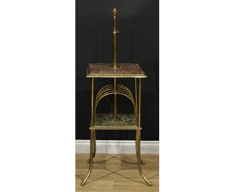 An early 20th century brass and rosso antico combination telescopic standard lamp, occasional table and Canterbury, square to