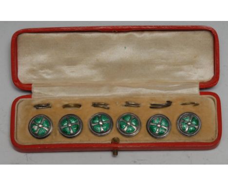 A set of six Art Nouveau silver and green enamel buttons, each decorated with a four-leaf clover and 1.9cm diam, stamped silv