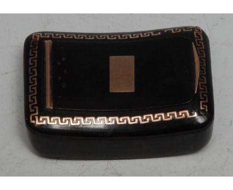 A George III Neoclassical gold piqué and tortoiseshell bowed rectangular snuff box, the hinged cover enclosed within a frame 