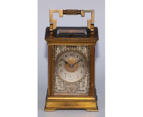 A late 19th century French repeater carriage clock, 5.5cm circular silvered dial with Roman numerals, inscribed B &amp; W Sor