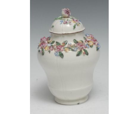 A rare 18th century Mennecy ogee vase and cover,  encrusted and painted with flowers,  slightly domed cover, 18cm high, c.178