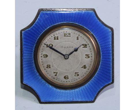 A George V silver and blue guilloche enamel easel dressing table strut timepiece, 4.5cm clock dial with Arabic numerals, eigh