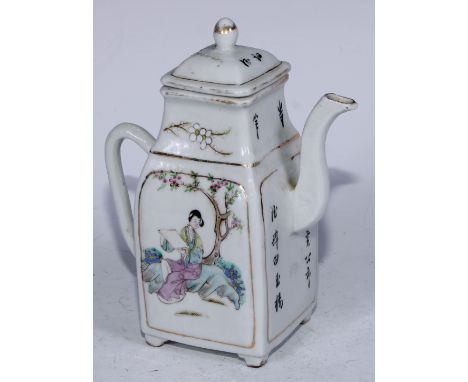 A Chinese porcelain teapot, the panelled sides decorated in polychrome with oriental figures and script, slightly domed cover