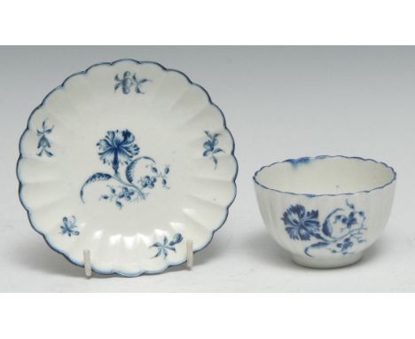 A Worcester fluted teabowl and saucer,  painted with the Gilliflower pattern, crescent mark 