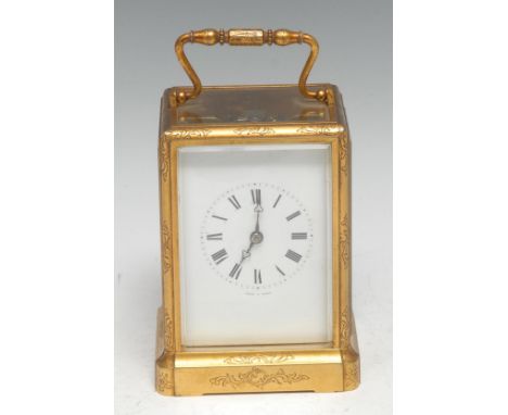 A 19th century gilt brass carriage clock, by Jules, Paris, 7cm rectangular enamel dial signed and inscribed with Roman numera