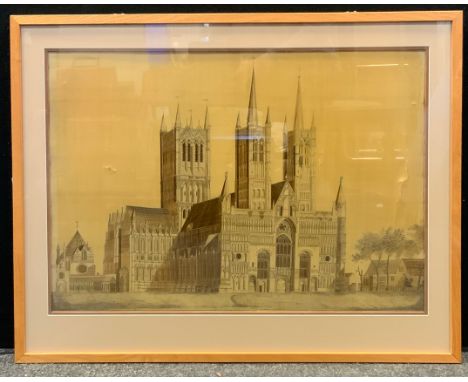 A needlework sampler, embroidered on silk, after painting by Joseph Baker, a View of Lincoln Cathedral from the West  48cm x 