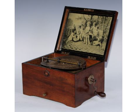 A late 19th century table top symphonion, playing a 19cm disc on a one-piece comb, the mechanism numbered 361859, 16.5cm high