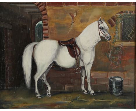 P.B. Pollington (Naive Equine Artist, late 19th/early 20th century)Portrait of a White Horse, within a courtyard signed, oil 