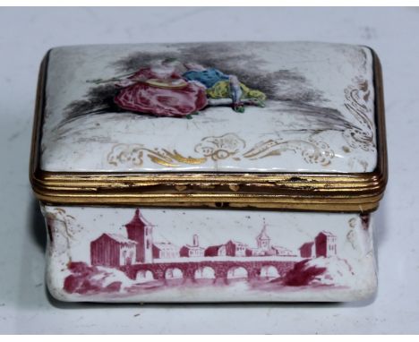 A George III South Staffordshire enamel rectangular snuff box, the hinged cover painted with a courting couple, the sides and