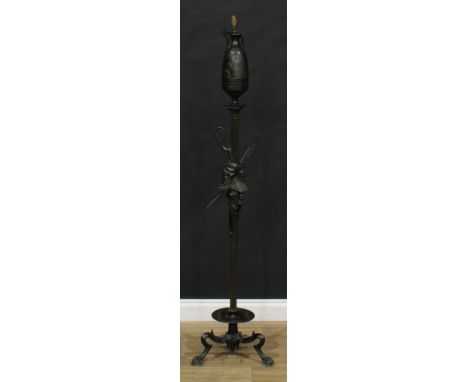 A 19th century Etruscan Revival dark patinated bronze standard lamp, cast as an amphora in the Attic taste above a fluted pil