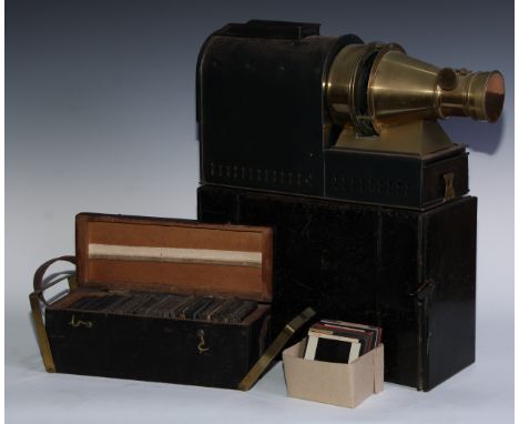 An early 20th century magic lantern projector, The Euphaneron, E.G. Wood, 74 Cheapside, London, Patent No 2459, the case 23cm