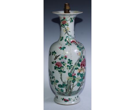 A Chinese ovoid vase, painted in polychrome enamels with flowers and birds, 45cm high, 19th century, later fitted as a lamp (