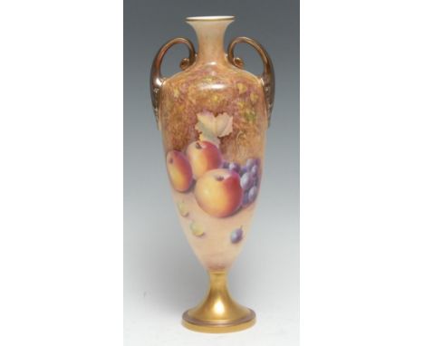 A Royal Worcester two-handled pedestal ovoid vase, painted by J Reed, signed, with ripe fruit, 28cm high, printed mark in bla