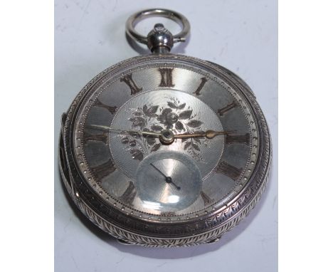 A Victorian silver fusee pocket watch, 4.5cm engine turned dial applied with gilt Roman numerals, subsidiary seconds dial, th