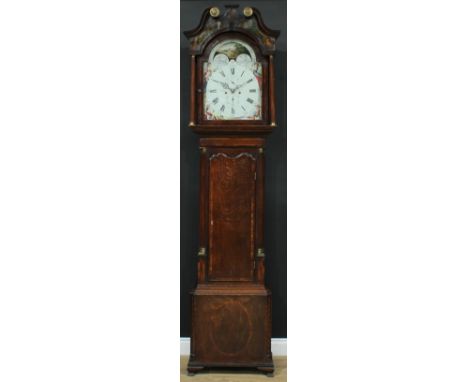 A George III oak and mahogany longcase clock, 35.5cm arched painted dial inscribed William Kirk, Stockport, rolling moon phas