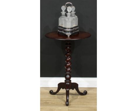 A Victorian mahogany tripod wine table, dished circular top, spirally turned column, cabriole legs, scroll feet, 72cm high, 4