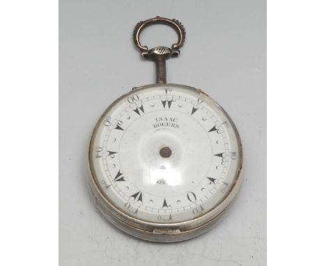 A George III silver pocket watch, for the Turkish market, 4.5cm enamel dial inscribed Isaac Rogers, verge fusee movement with