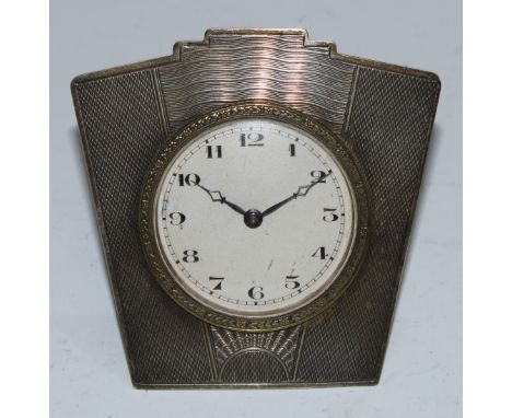 An Art Deco silver easel dressing table timepiece, 4.5cm clock dial inscribed with Arabic numerals, the geometric case engine